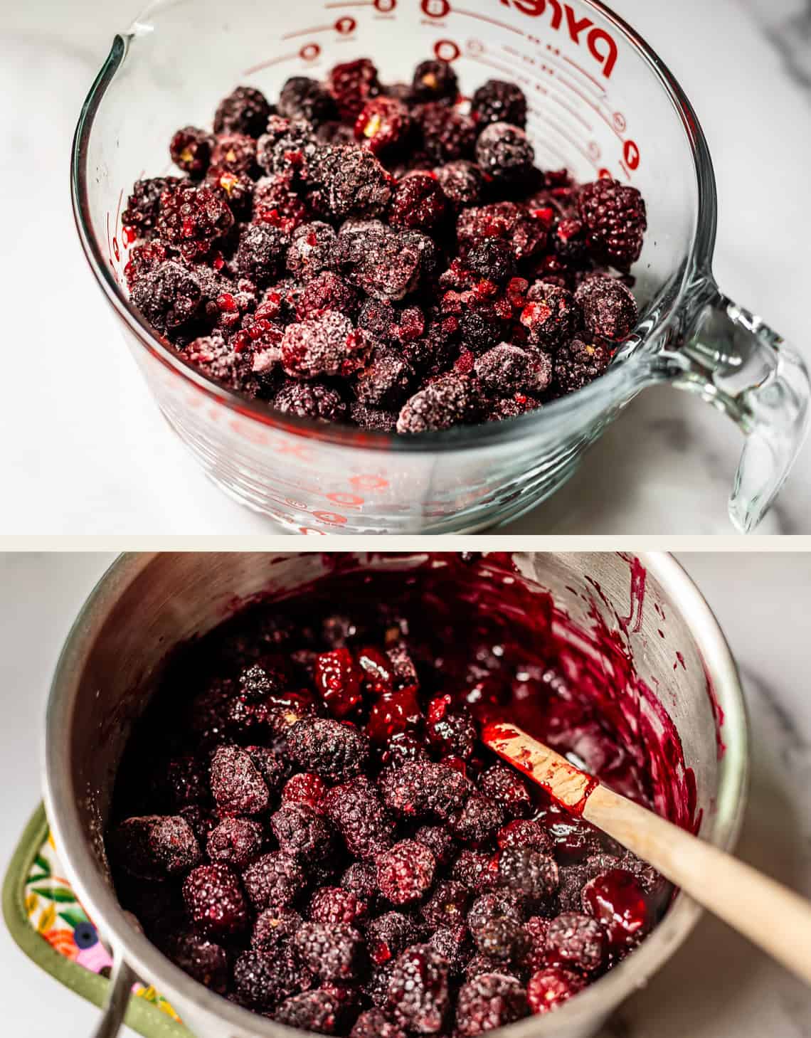 Top: A glass measuring cup filled with frozen blackberries. Bottom: A metal pot with blackberries cooking and thick red juice, being stirred with a wooden spatula.