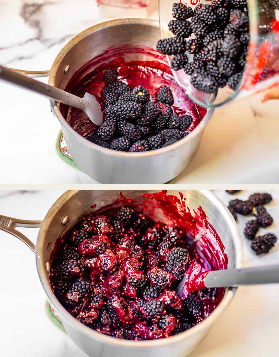 Two images show blackberries being added to a pot of red fruit mixture and then stirred together, creating a thick, glossy blackberry filling on a white countertop.
