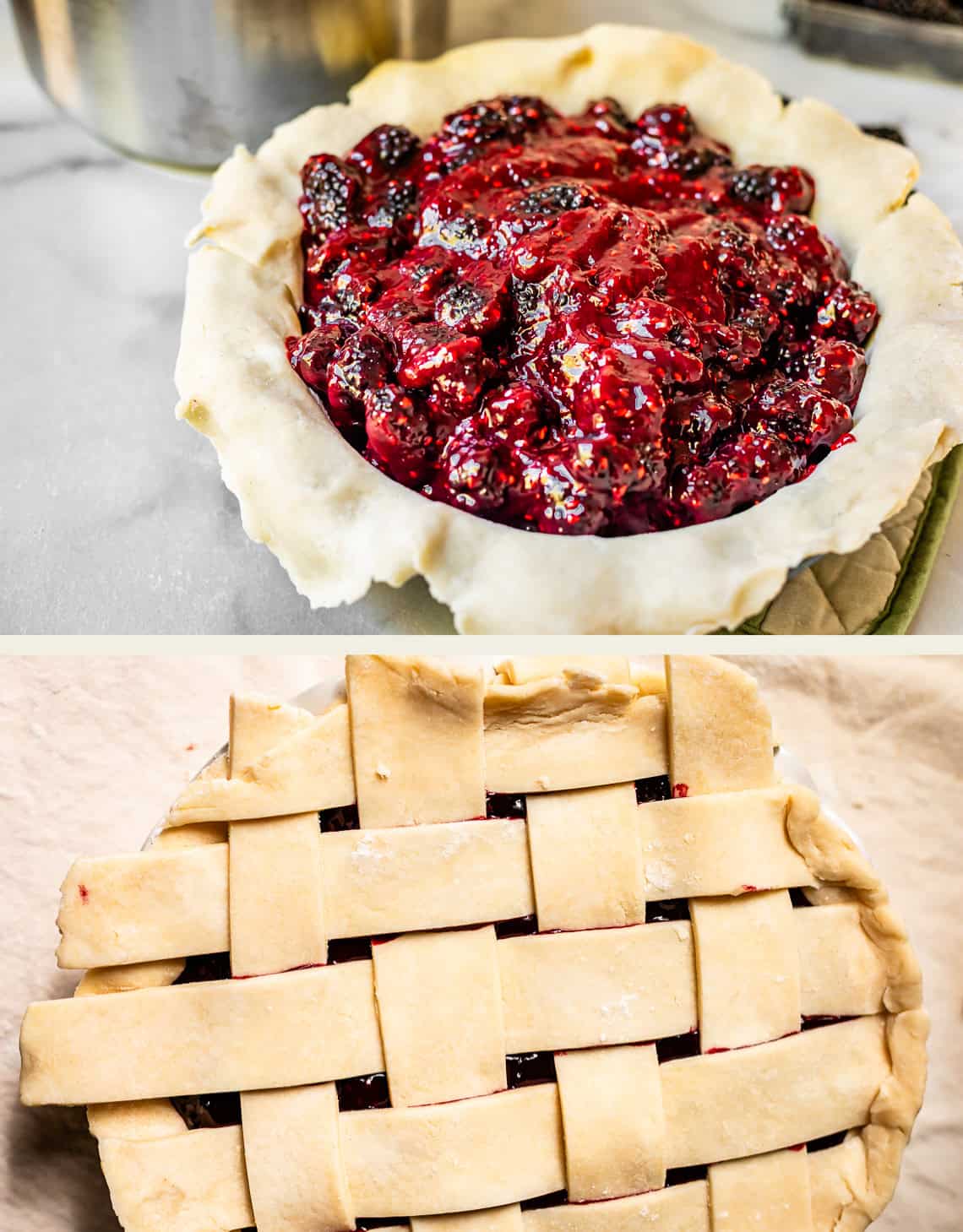 Two images: the top shows an unbaked pie crust filled with a chunky blackberry filling; the bottom shows the same pie covered with a woven lattice top crust, ready to be baked.