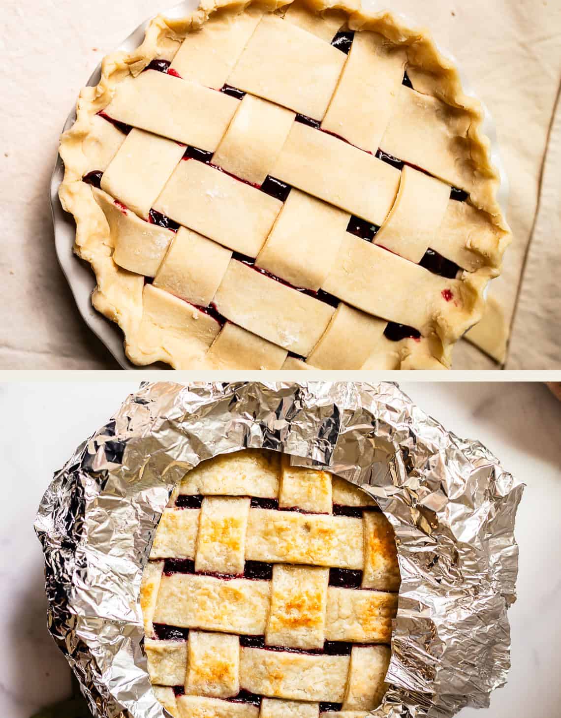 Two images: the top shows an unbaked lattice-topped pie with crimped edges; the bottom shows the same pie baked to a golden brown, partially covered with foil around the edges.