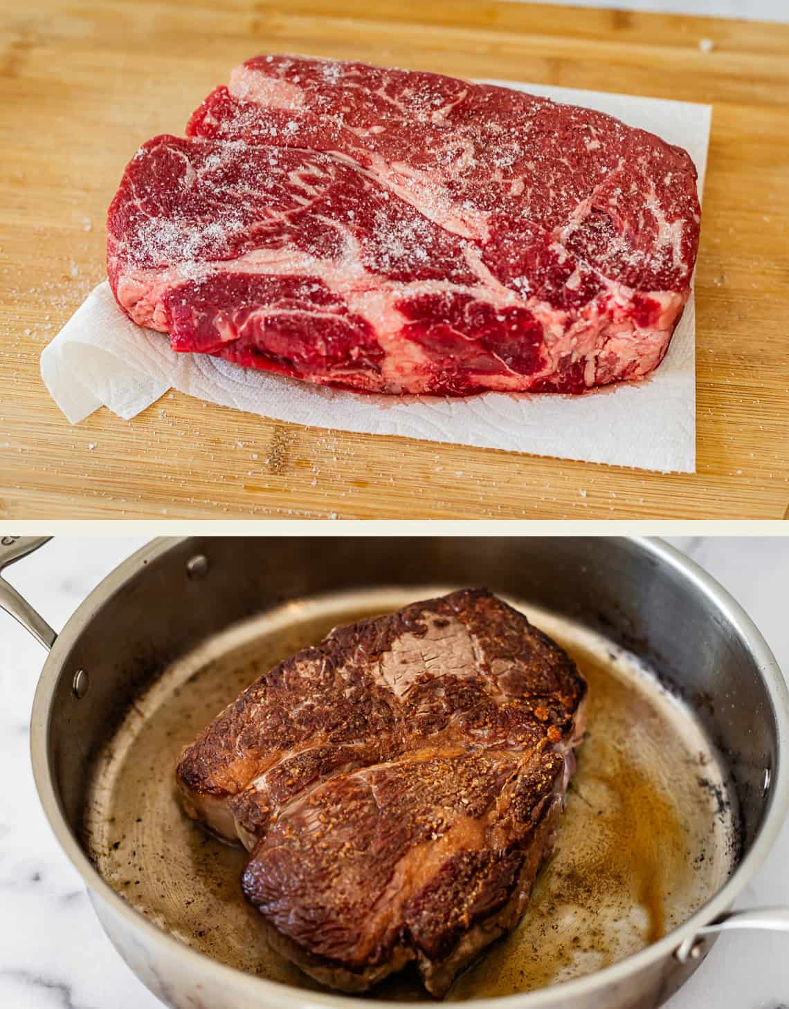 Two images: the top shows a raw, marbled beef roast sprinkled with salt on a wooden board; the bottom shows the same roast searing in a pan, browned on the outside.
