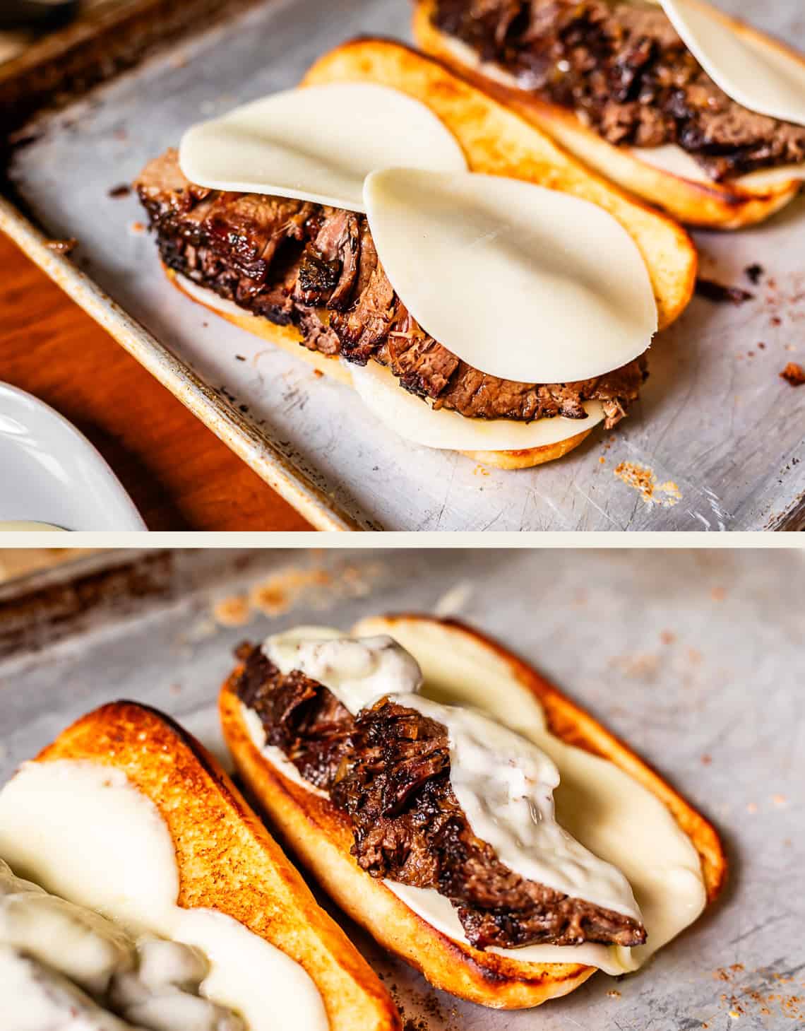 Two images show toasted sandwich buns topped with slices of roast beef and provolone cheese, partially melted, on a baking sheet. The first image shows the sandwiches before baking, and the second shows them after the cheese has melted.