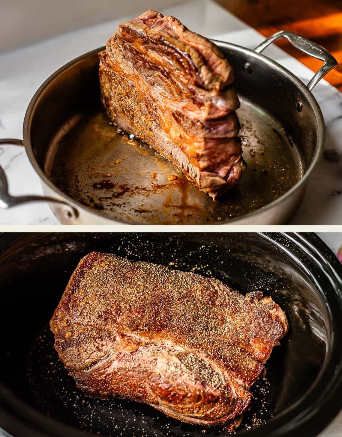 A collage of two images: the top shows a browned beef roast standing on its side in a metal pan; the bottom shows the same seasoned roast placed in a black slow cooker, ready to cook.