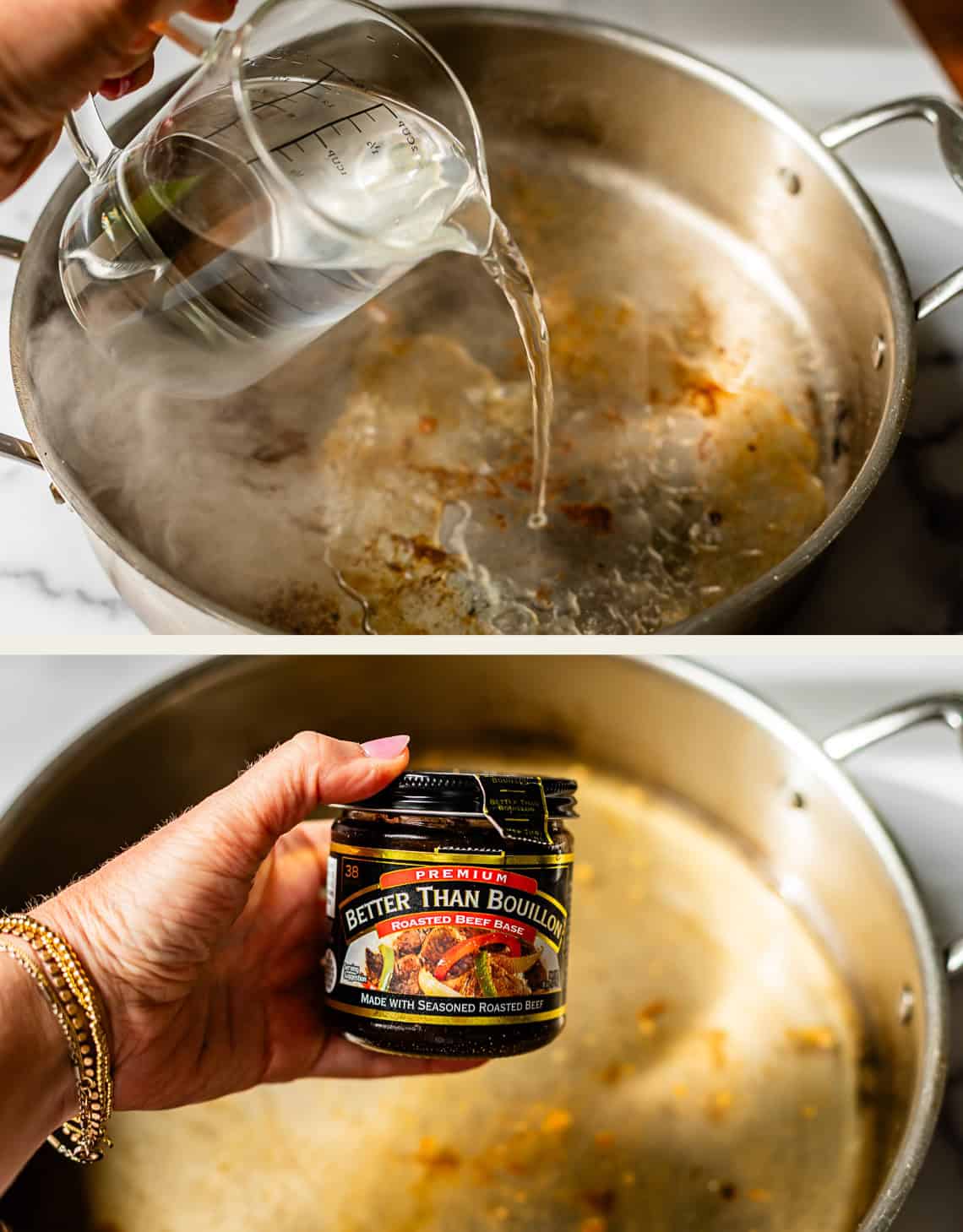 A hand pours water from a measuring cup into a large pot in the top image. In the bottom image, a hand holds a jar of Better Than Bouillon Beef Base above the same pot.