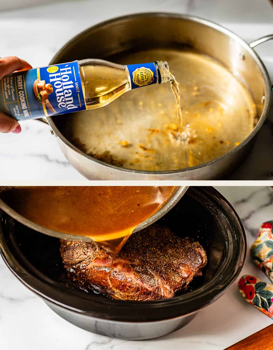A bottle of cooking wine is poured into a pan with browned bits, then the liquid is poured over a seasoned cut of meat in a slow cooker.