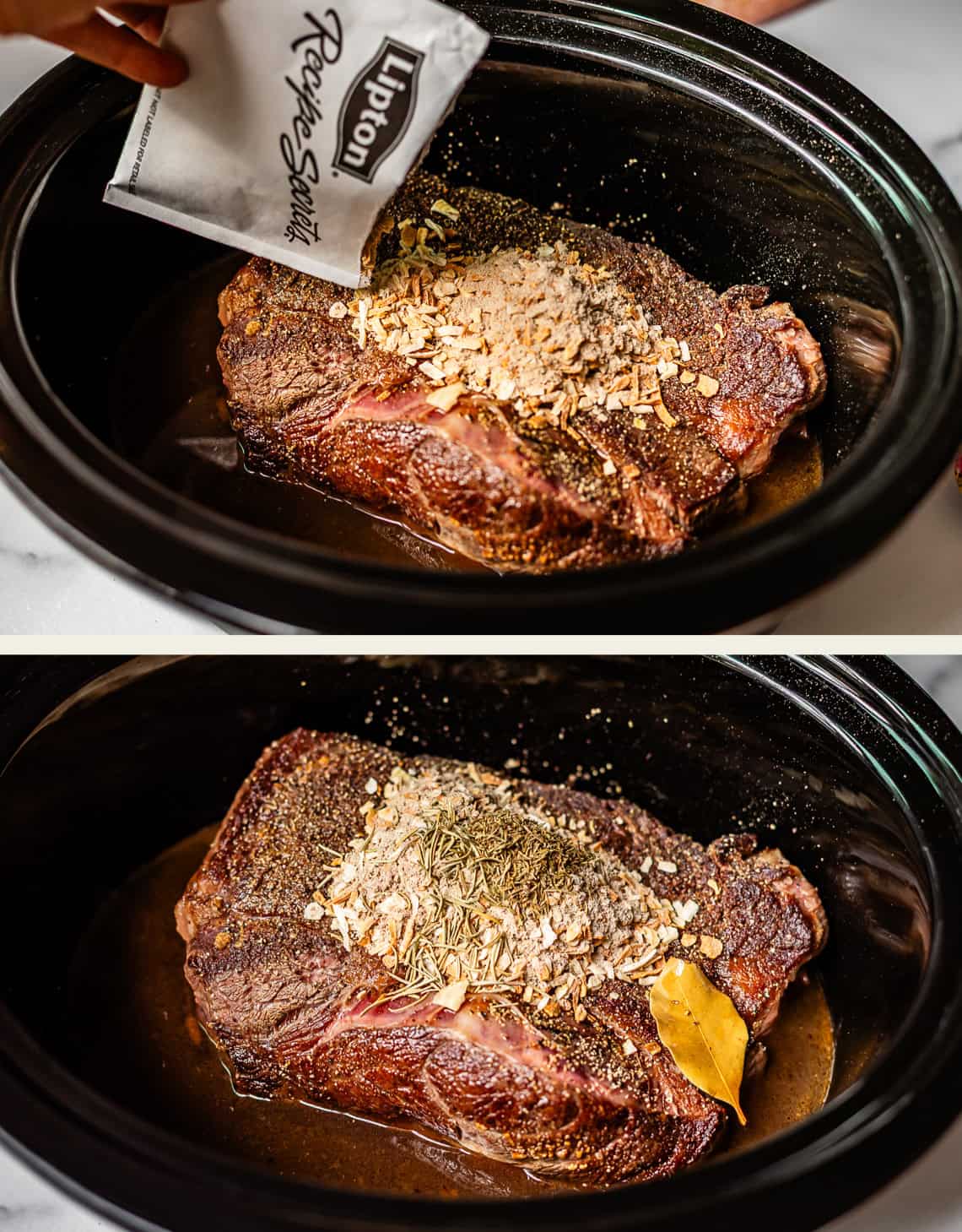 Two images of a beef roast in a slow cooker: the top shows a hand pouring Lipton Recipe Secrets soup mix onto the meat, and the bottom shows the roast topped with spices, herbs, and a bay leaf in broth.
