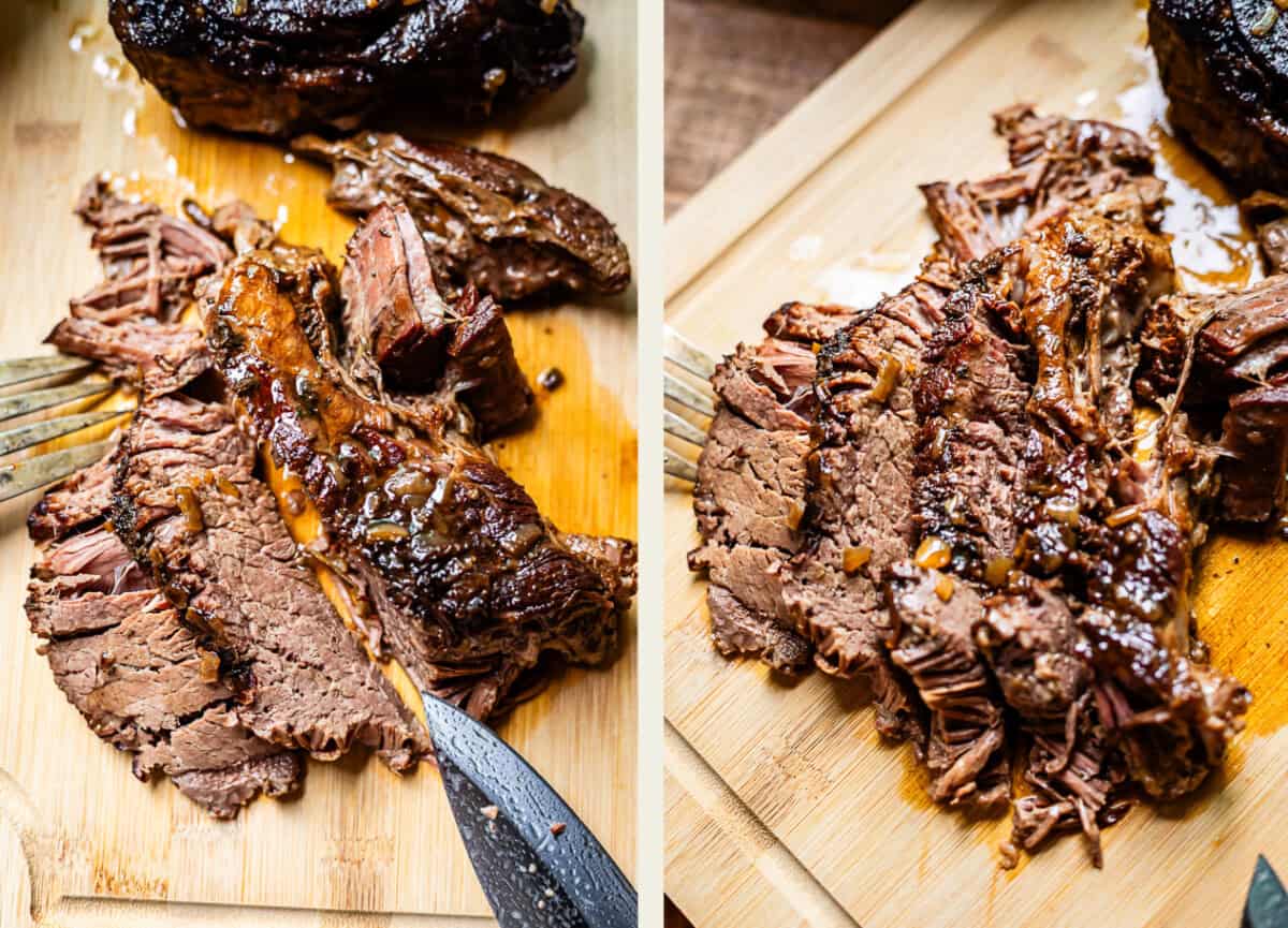 Two close-up images of juicy, sliced roast beef on a wooden cutting board. A knife and fork are used to shred and cut the tender, browned meat, revealing its moist texture and rich glaze.