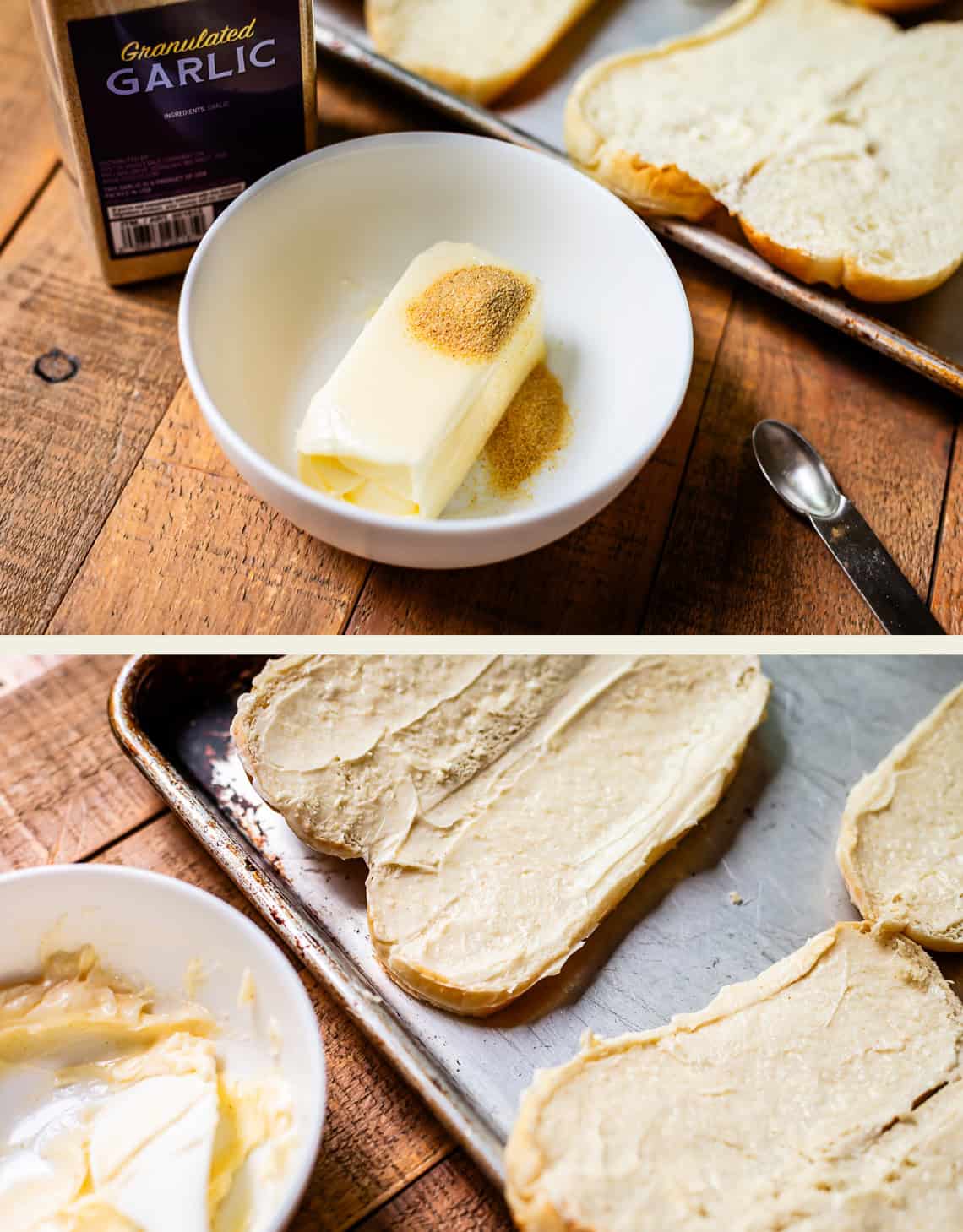 Two photos: The top shows a bowl with butter and granulated garlic beside sliced bread on a baking tray. The bottom shows the bread slices spread with the butter mixture, ready for baking.