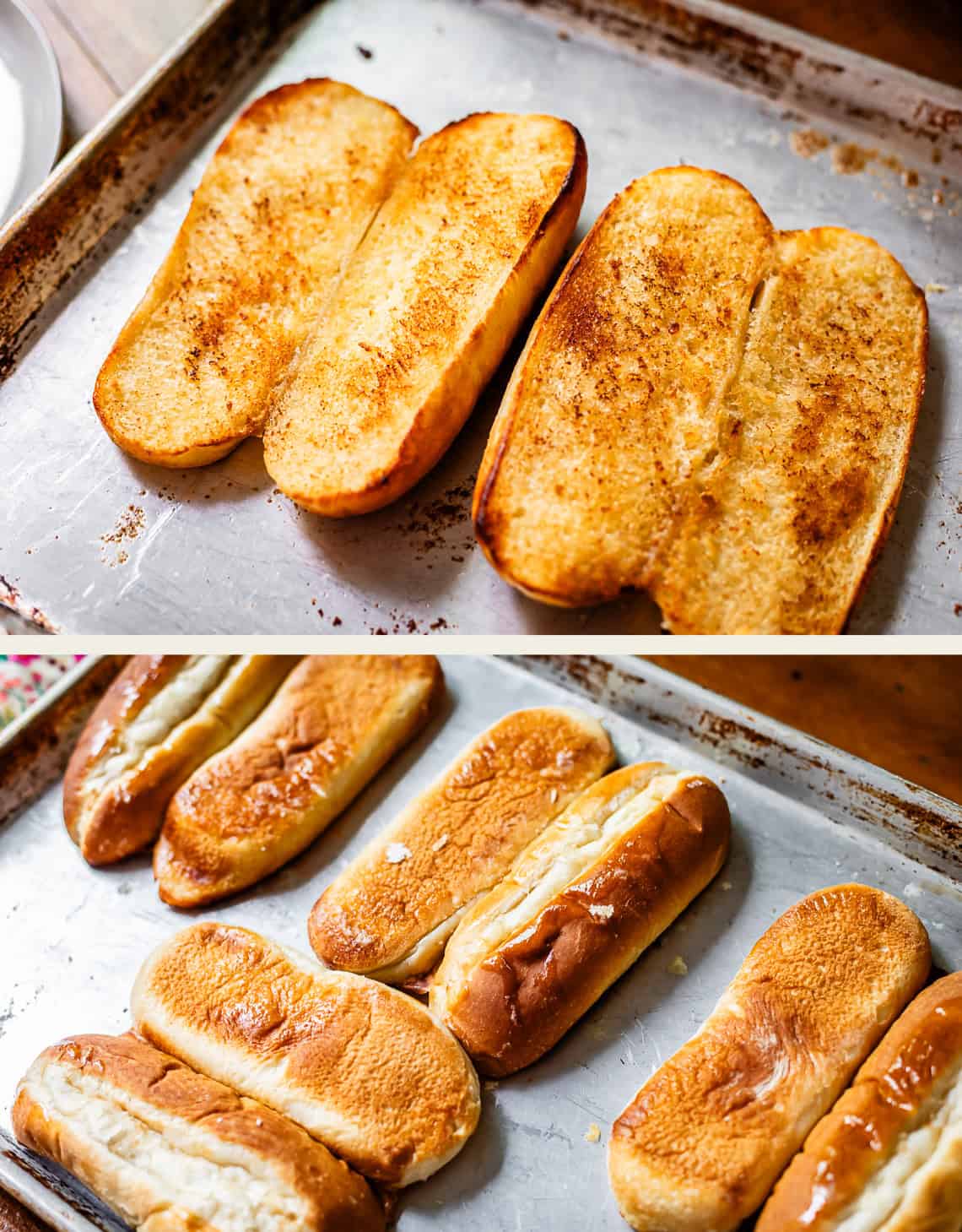 Two images of hot dog buns on a baking sheet: the top shows three buns toasted and split open, while the bottom shows six buns, some split and others whole, all lightly browned.