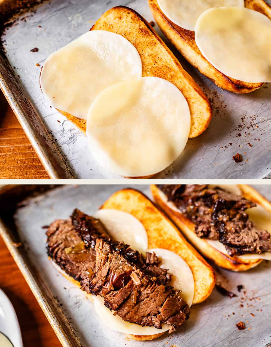 Two images: the top shows toasted sandwich buns with provolone cheese slices on a metal tray; the bottom adds shredded roast beef on top of the cheese, preparing for a sandwich.