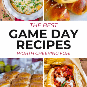 cheesy dip, pretzel dog, cheeseburger sliders, and meatball sub.