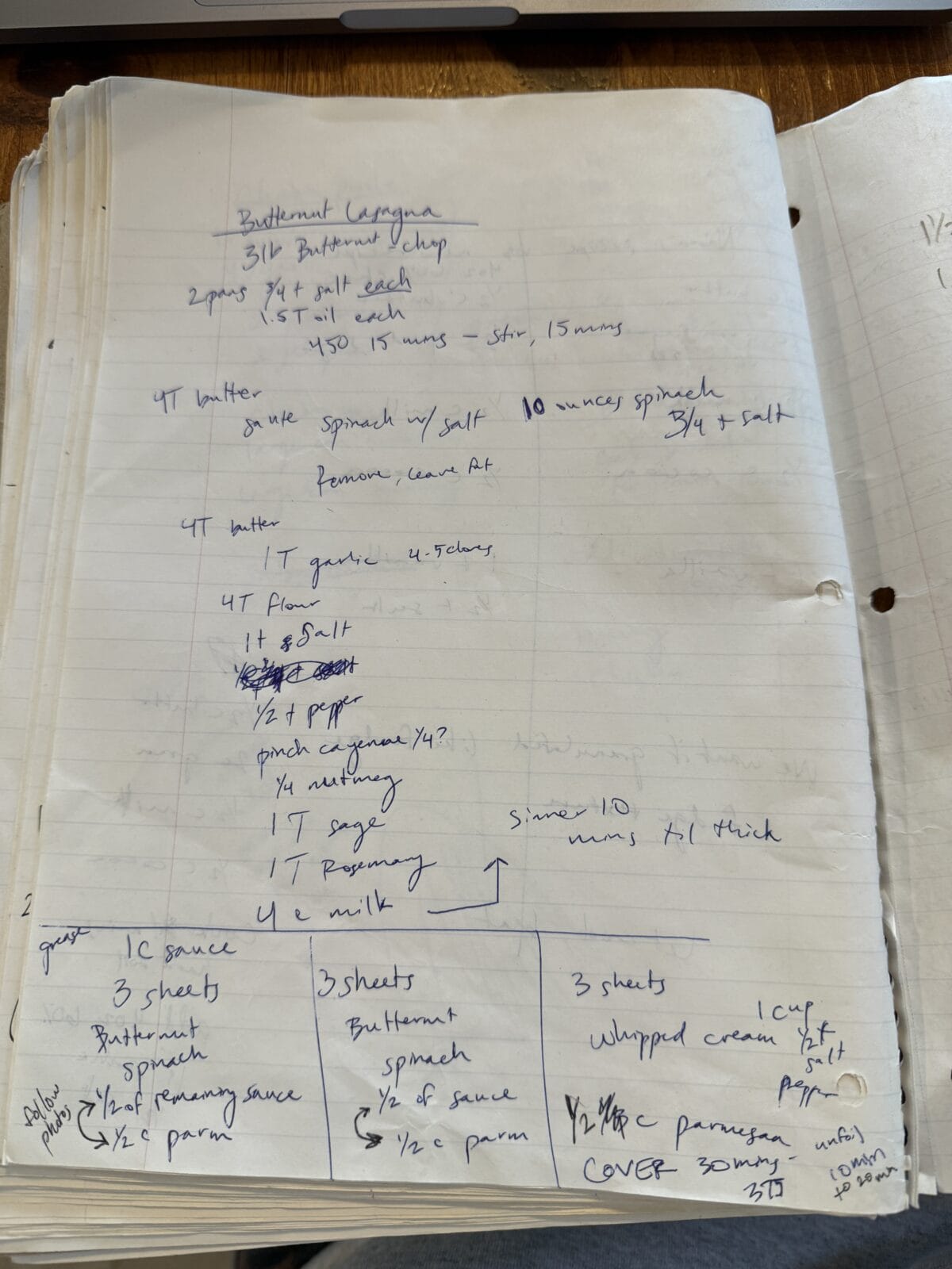 A handwritten recipe on lined paper for butternut lasagna, listing ingredients and instructions in blue ink, with crossed-out sections, notes, and quantities for butternut, spinach, sauce, and cheese.