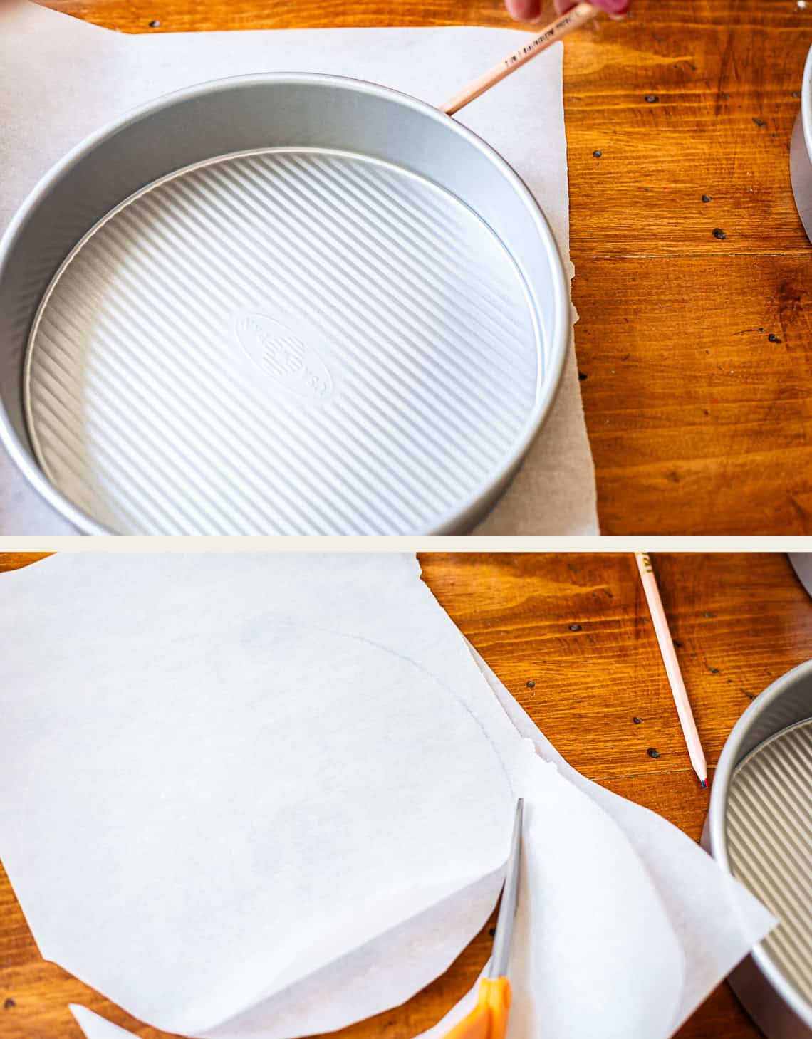 top: tracing the pan onto parchment, bottom: cutting out the circle in the parchment.
