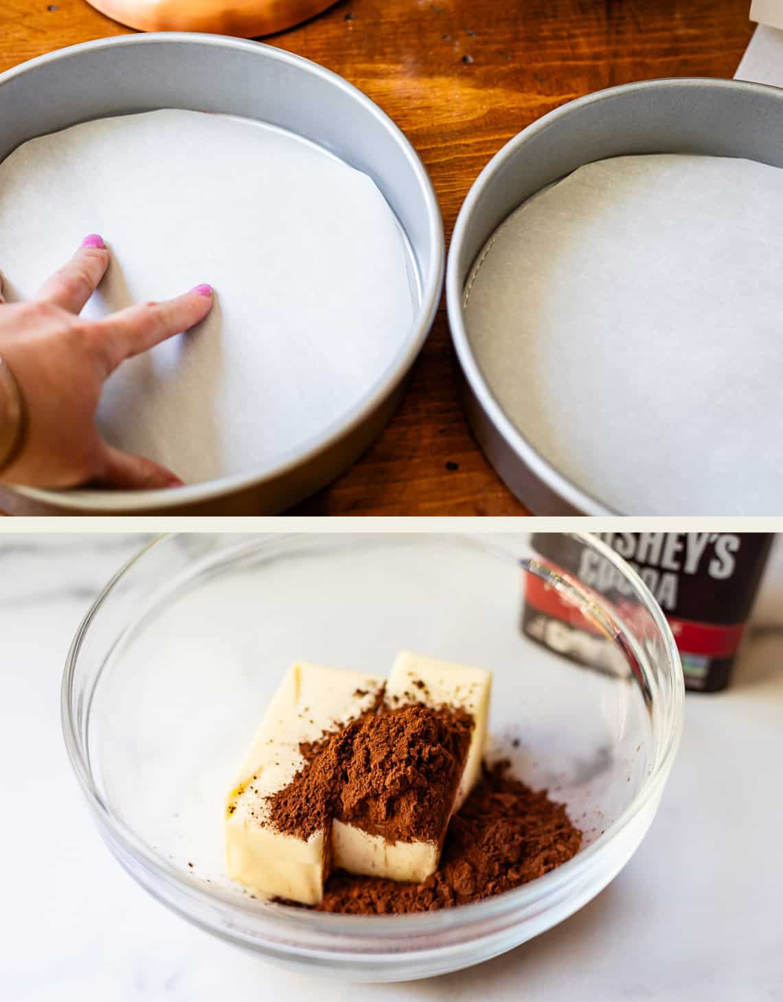 top: hand placing parchment round in pan, bottom: butter and cocoa in glass bowl.