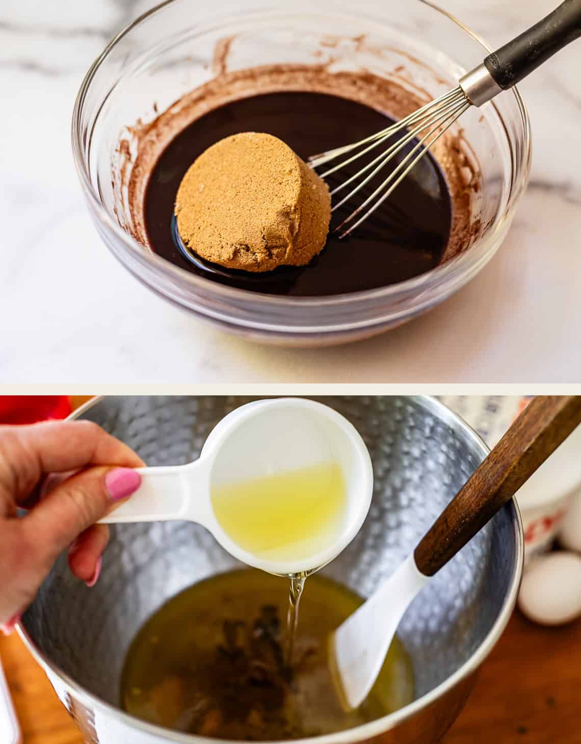 top: brown sugar added to cocoa mixture, bottom: pouring oil into cocoa mixture.
