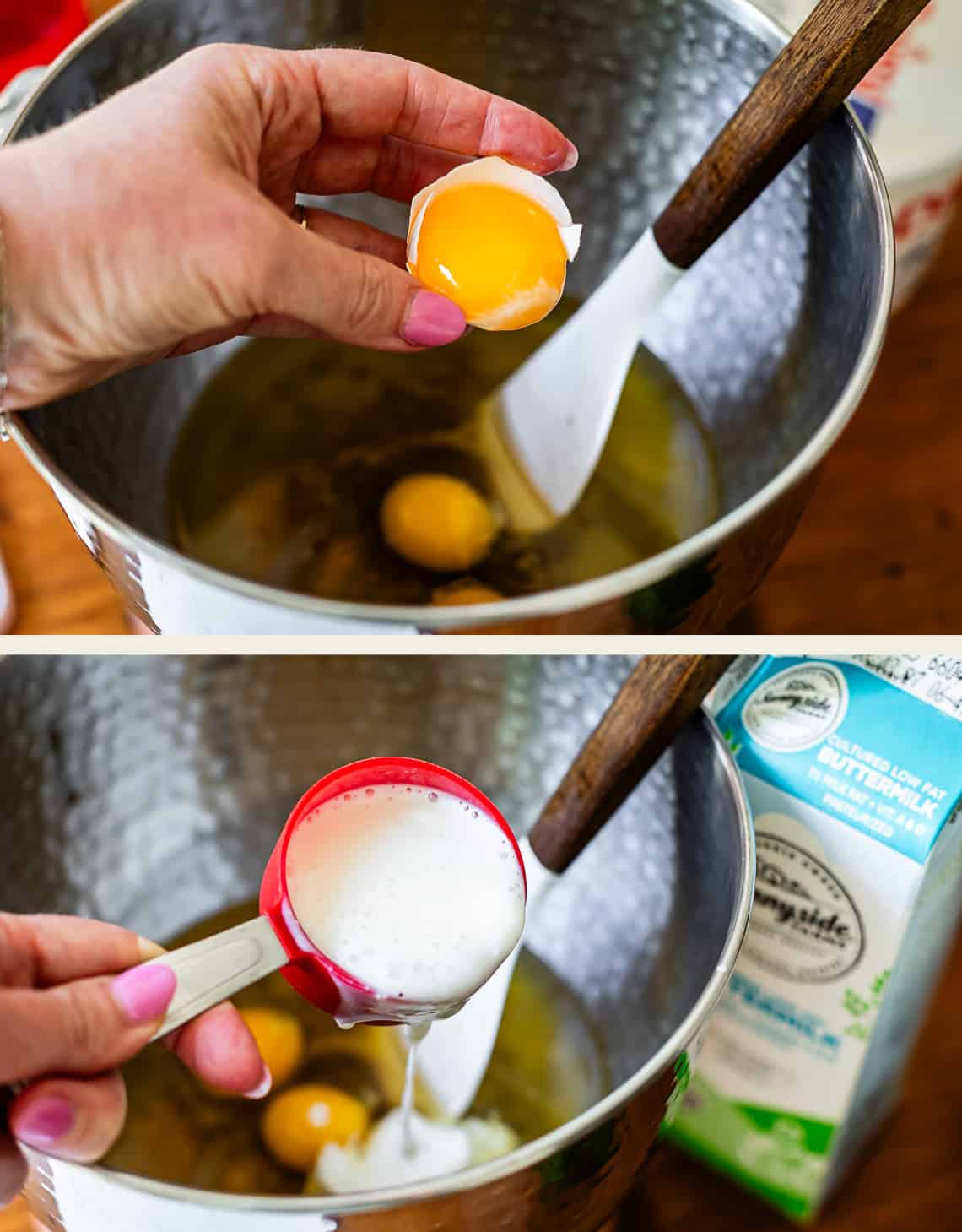 top: hand pouring in an egg yolk to batter, bottom: hand pouring in buttermilk.