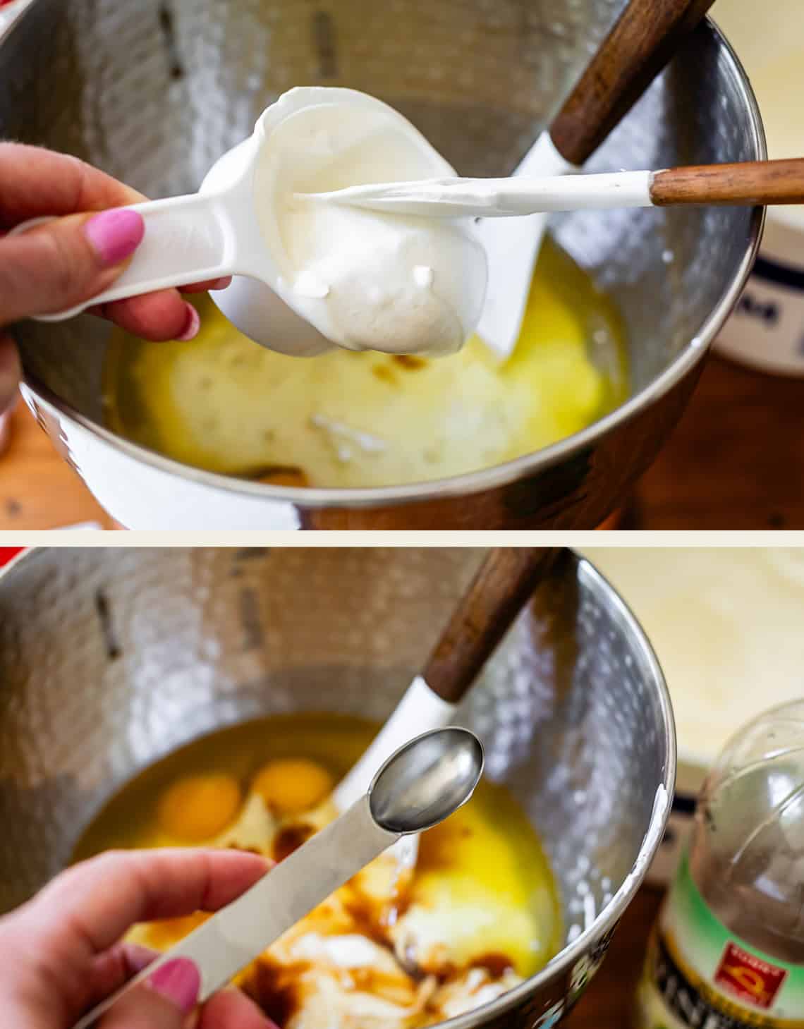 top: scraping sour cream into mixing bowl, bottom, teaspoon pouring in vinegar.