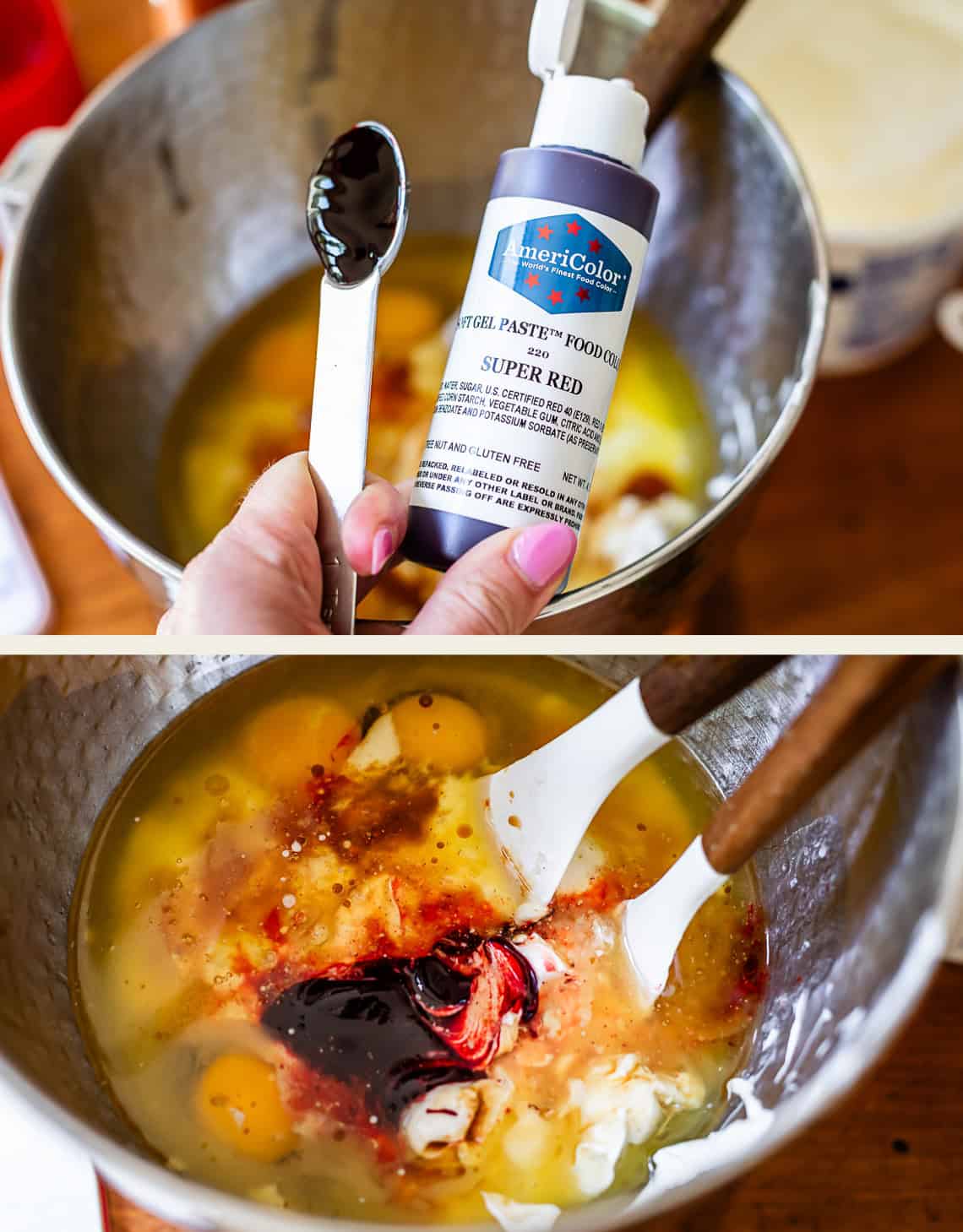 top: red gel food coloring, bottom: food coloring in mixing bowl ready to mix.