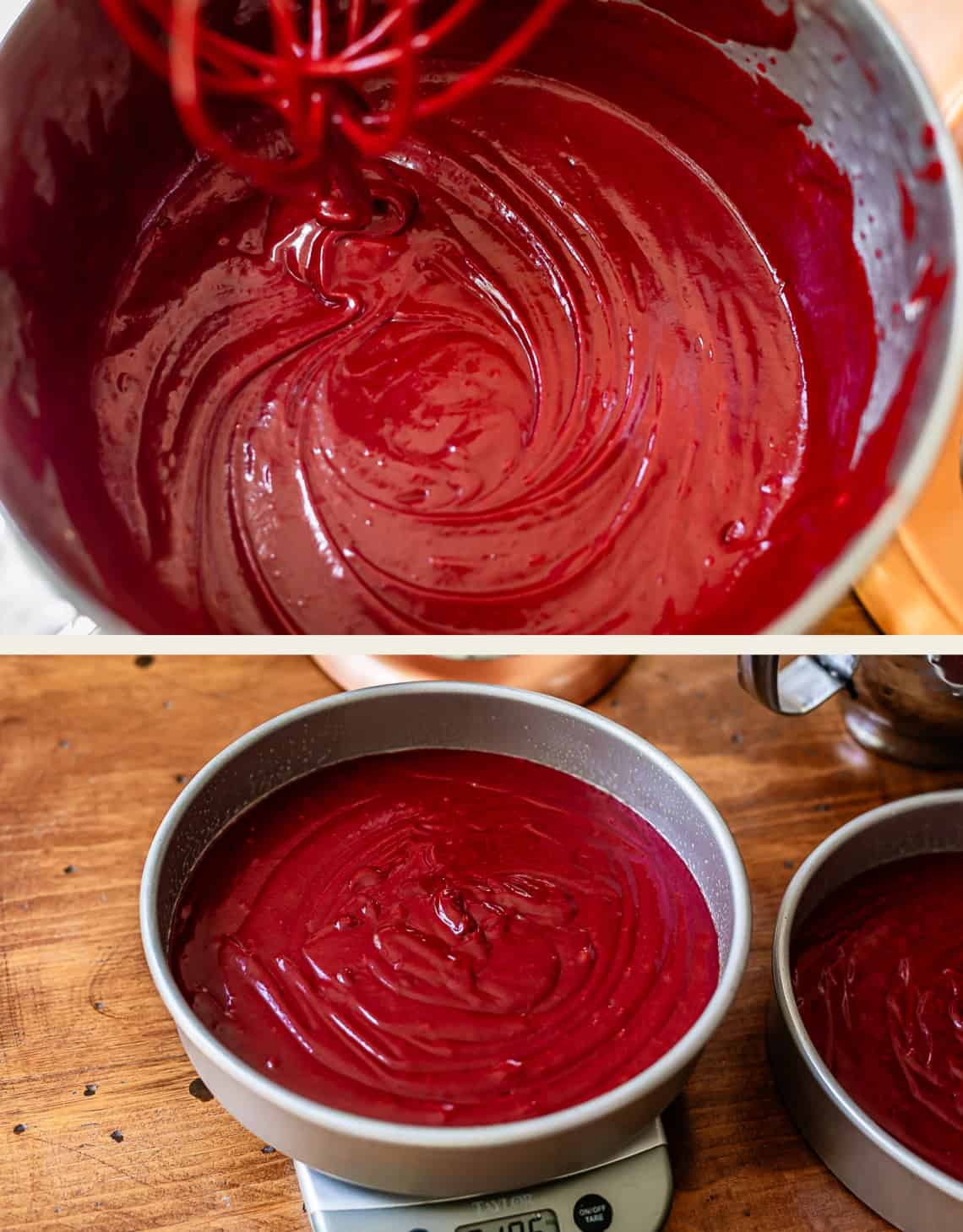 top: completed batter in bowl still, bottom: batter in a cake pan on a scale.