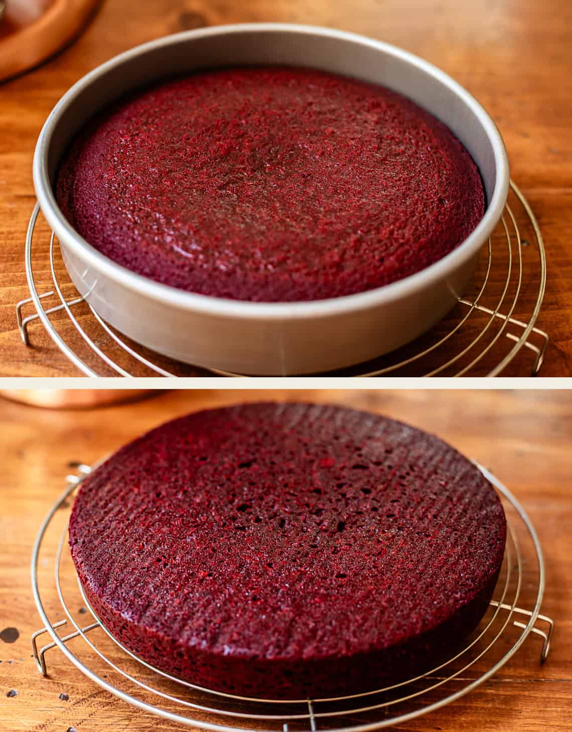 top: baked caked still in pan on a wire rack, bottom: baked cake out of pan on same rack.