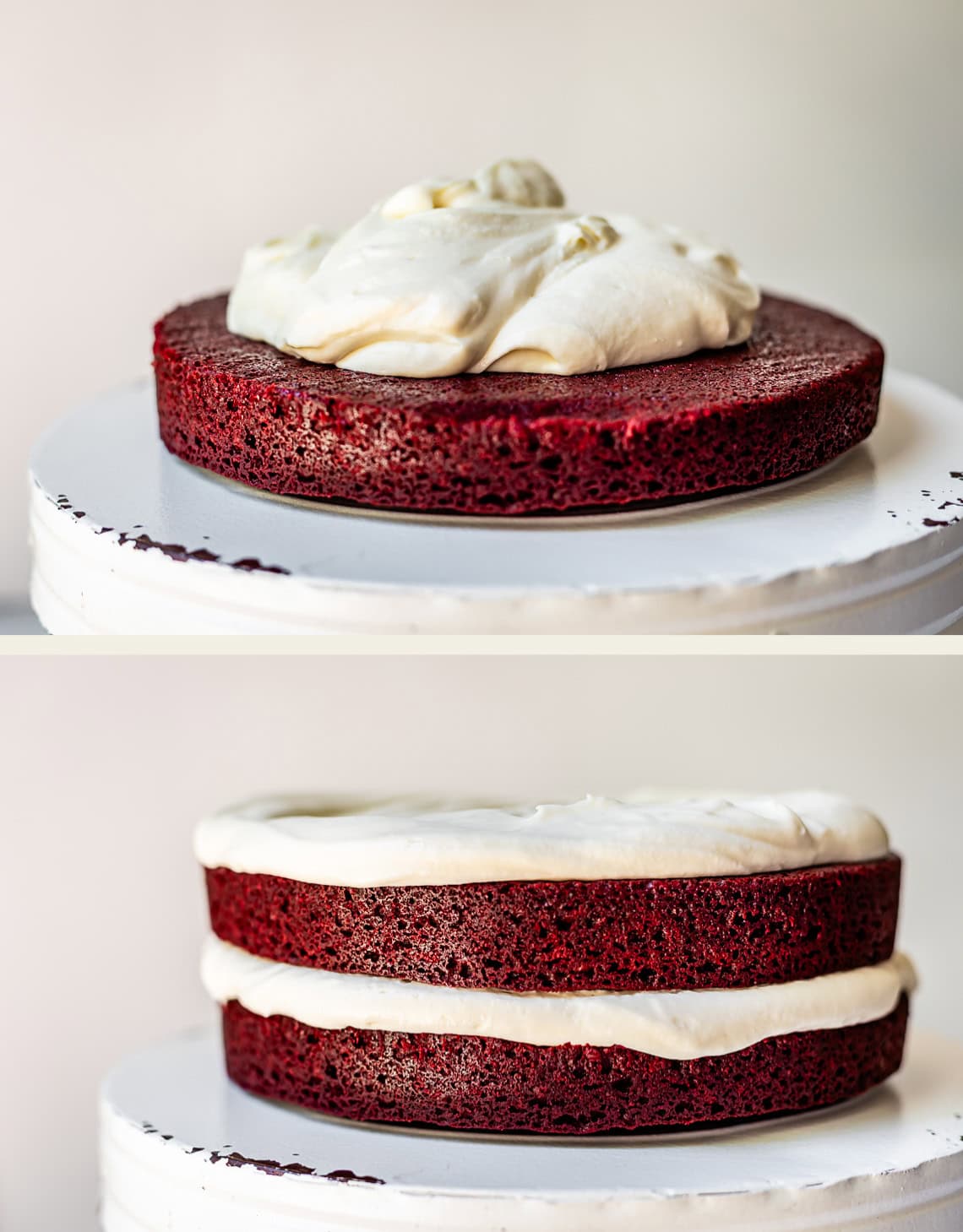 one layer of cake on pedestal with frosting piled on top, bottom: two layers with spread frosting.