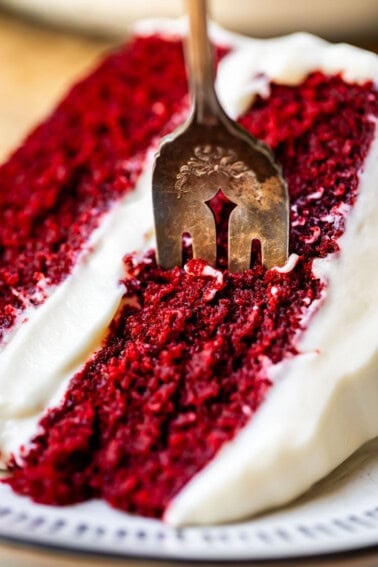 slice of red velvet cake with cream cheese frosting with a fork in it about to grab a bite.