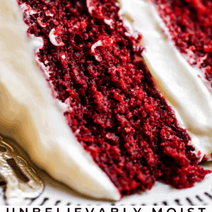 pinterest image of lit candle in cake with text "unbelievably moist red velvet cake".