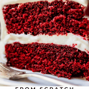 pinterest image of lit candle in cake with text "from scratch red velvet cake".