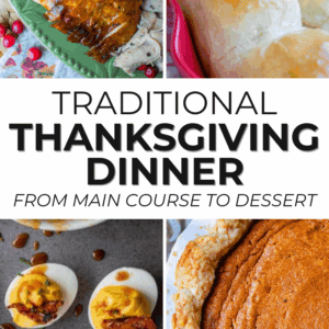 Four photos show Thanksgiving foods: sliced turkey with gravy, shiny dinner rolls, deviled eggs with paprika, and a pumpkin pie.