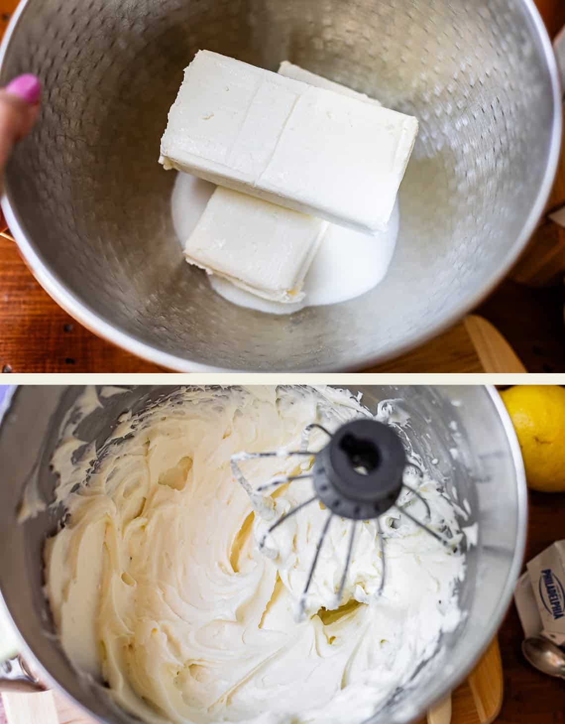 top: blocks of cream cheese in a bowl, bottom: cream cheese beaten smooth.