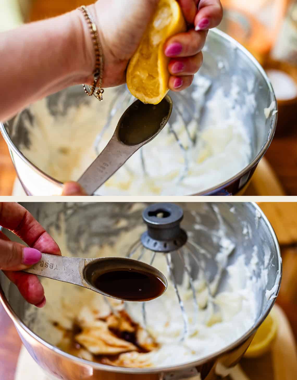 top: adding lemon to bowl, bottom: adding vanilla to mixing bowl.