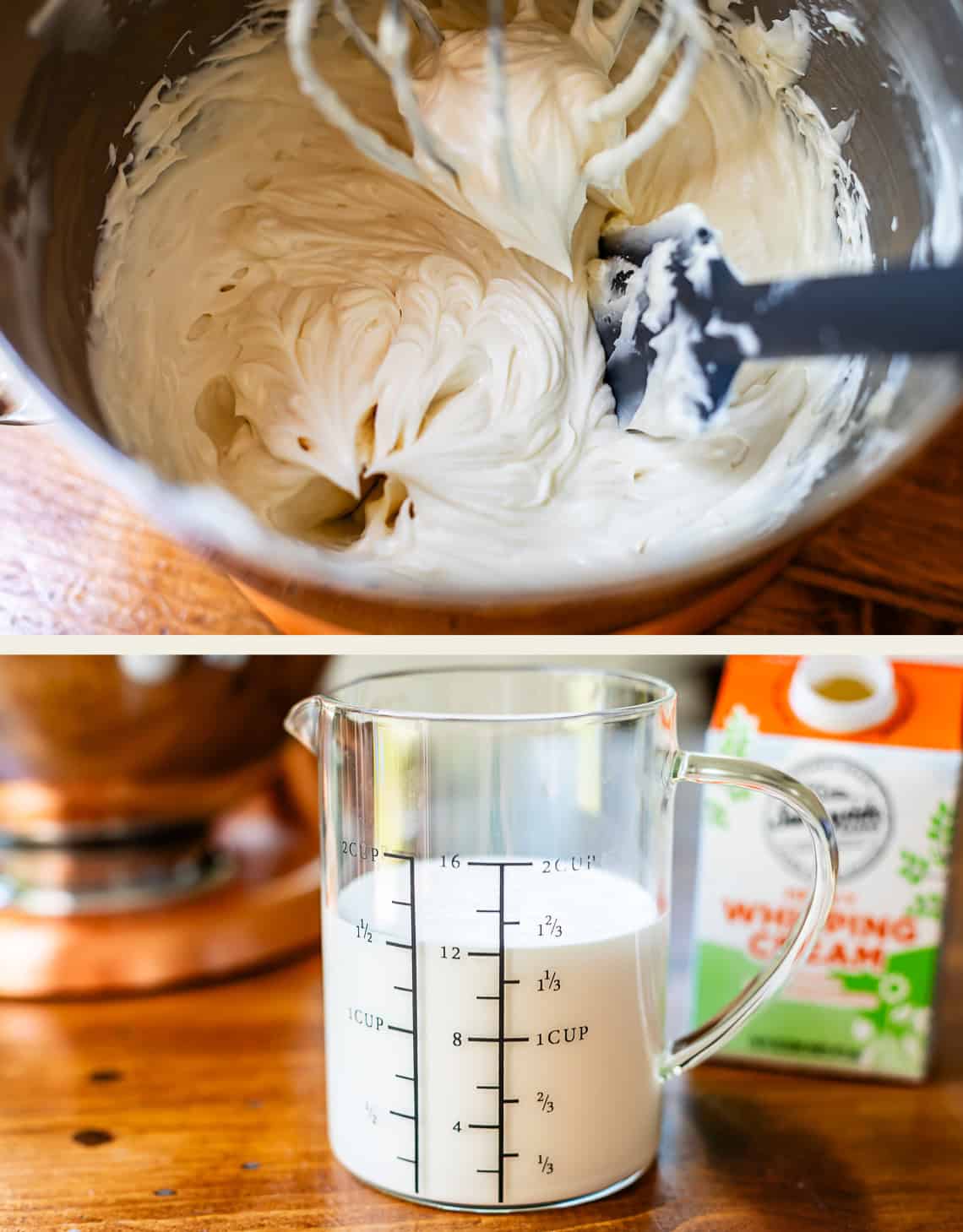 top: beaten frosting in mixing bowl, bottom: measuring cup full of cream.