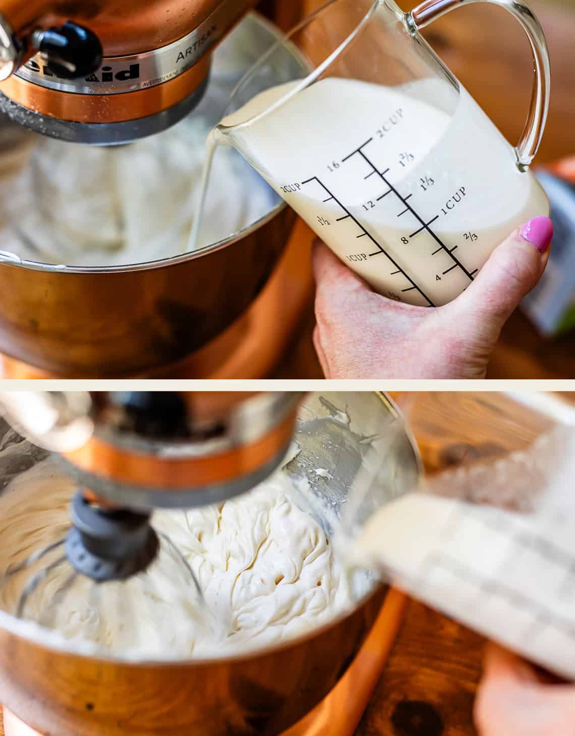 top: pouring cream from measuring cup, bottom: frosting in bowl with cream pouring in.