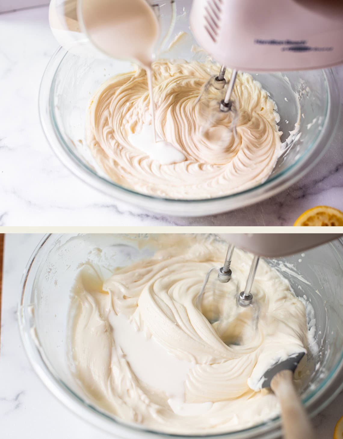 top: measuring cup pouring cream into glass bowl with hand beaters, bottom: mixing it in.