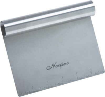 A stainless steel pastry scraper.