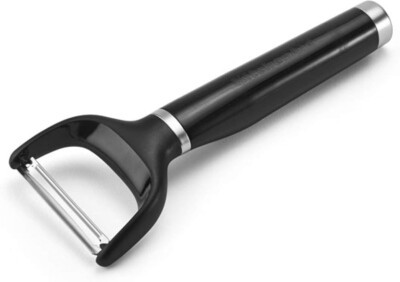 A black-handled Y-shaped vegetable peeler.