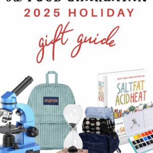 A holiday gift guide collage with a blue microscope, teal backpack, hourglass, tote bag, Salt Fat Acid Heat cookbook, and watercolor paint set. Text reads The Food Charlatan 2025 Holiday Gift Guide.