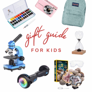 A gift guide for kids featuring a watercolor paint set, pink camera, striped backpack, blue microscope, hoverboard, hourglass, geology kit with crystals and goggles, labeled The Food Charlatan.