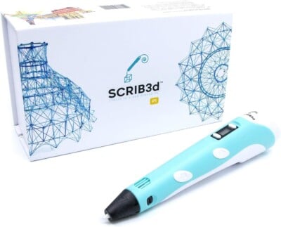 A light blue and white 3D printing pen labeled SCRIB3D is displayed in front of its box, which features geometric wireframe designs in blue.