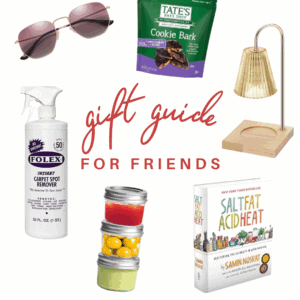 A collage featuring sunglasses, Tates Cookie Bark, a small desk lamp, Folex cleaner, jars of colorful candies, the book Salt Fat Acid Heat, and the text gift guide for friends from The Food Charlatan.