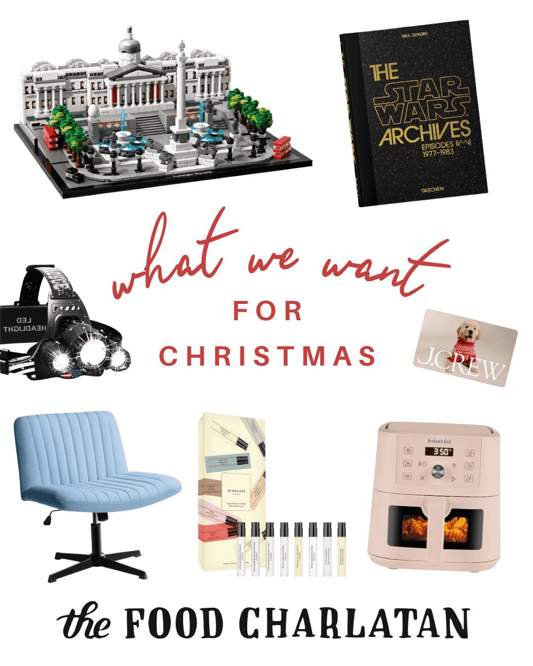 A collage labeled What we want for Christmas with images of a LEGO cityscape, Star Wars book, headlamp, J.Crew gift card, blue chair, perfume set, air fryer, and The Food Charlatan logo.