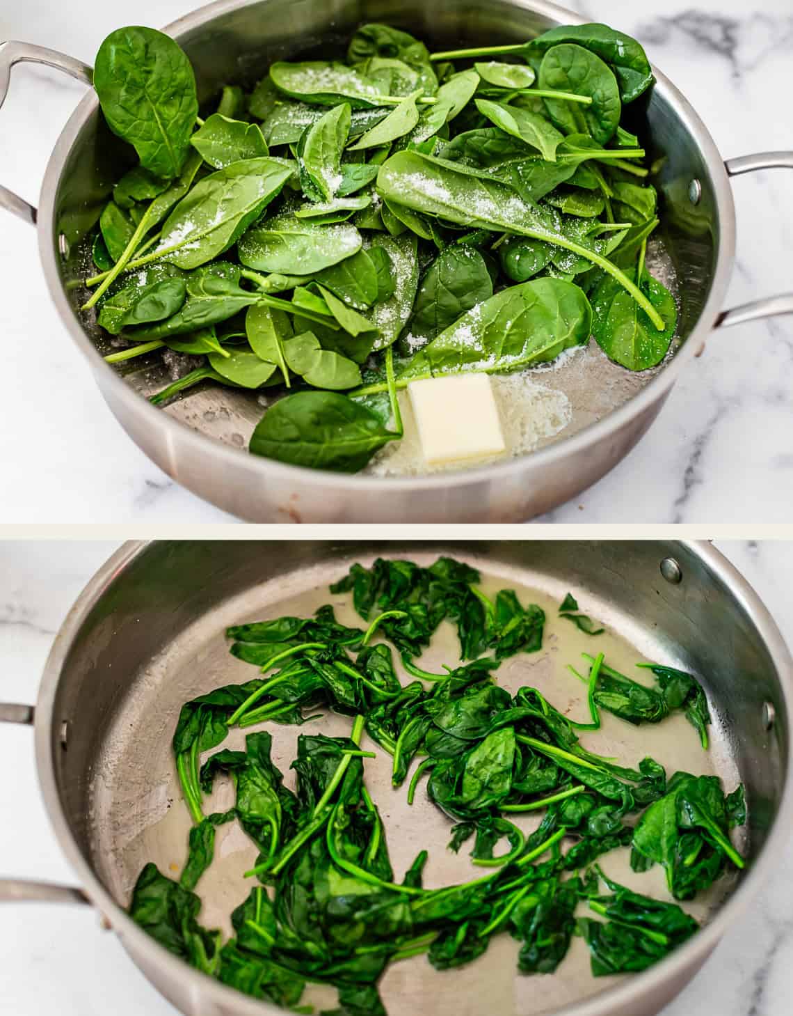 Two-panel image: Top shows fresh spinach leaves, a pat of butter, and salt in a saucepan. Bottom shows the same pan with wilted, cooked spinach.