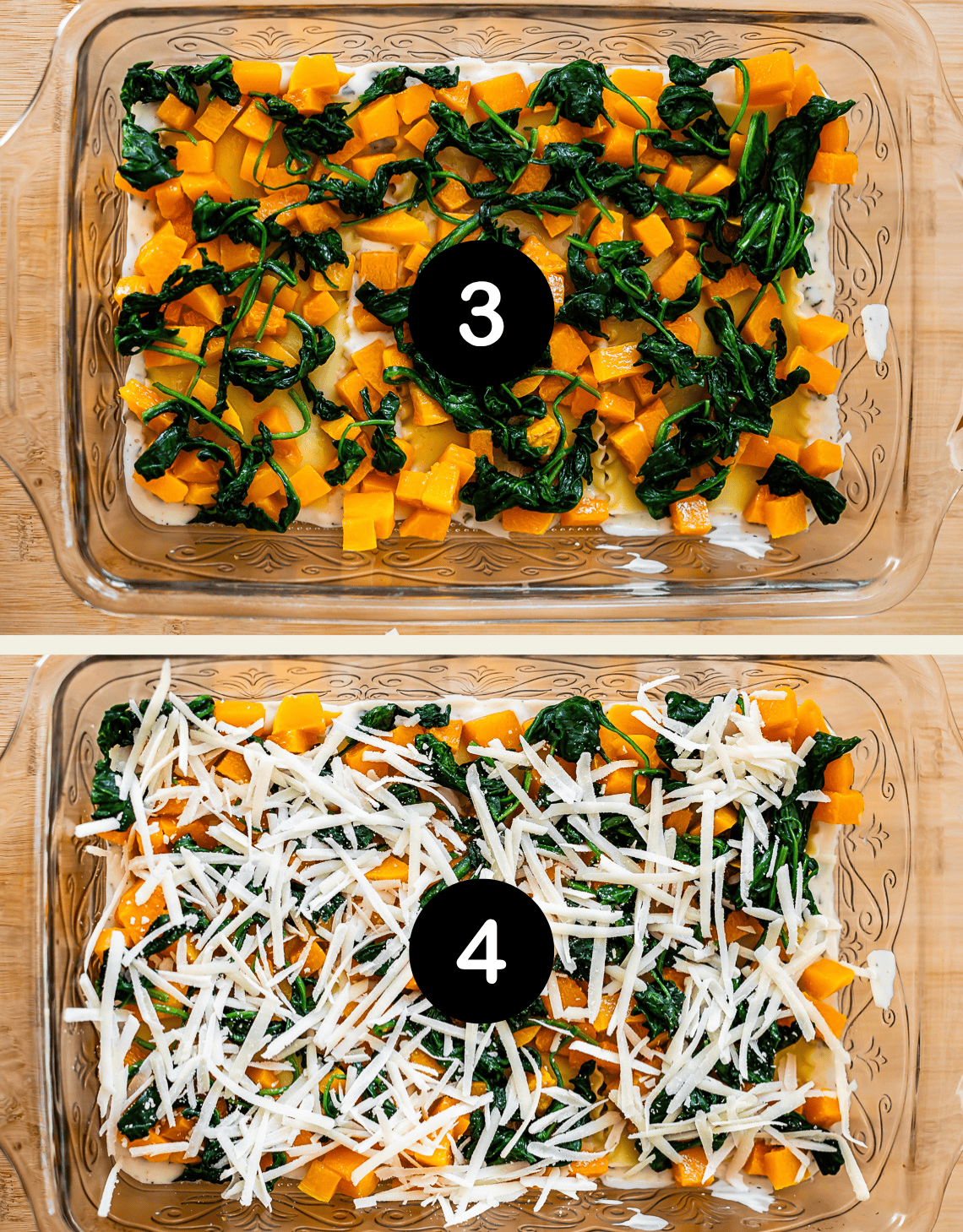 Two glass baking dishes side by side. The top has a layer of butternut squash and spinach (labeled 3). The bottom has the same layer topped with shredded cheese (labeled 4). Both are on a wooden surface.