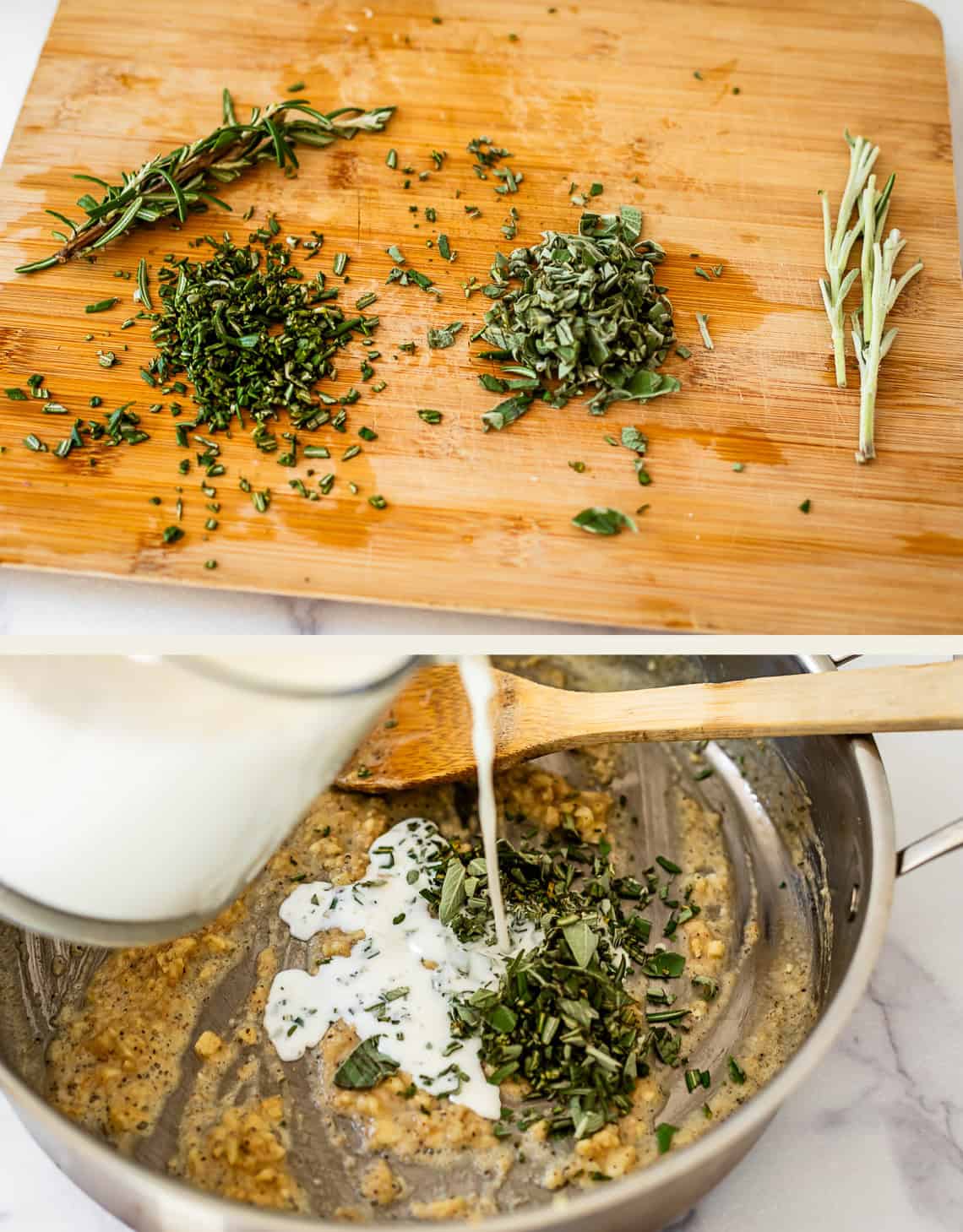 Chopped fresh herbs on a wooden cutting board and milk being poured into a pan with sautéed herbs and a wooden spoon.