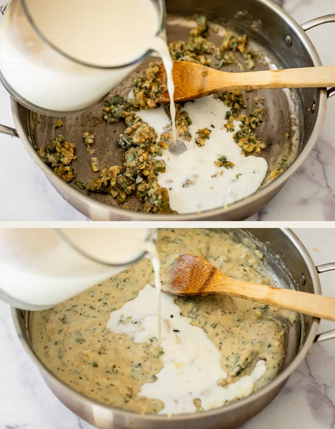 Two images: the first shows milk being poured into a skillet with a browned mixture and a wooden spoon; the second shows the milk being stirred in, creating a creamy sauce.