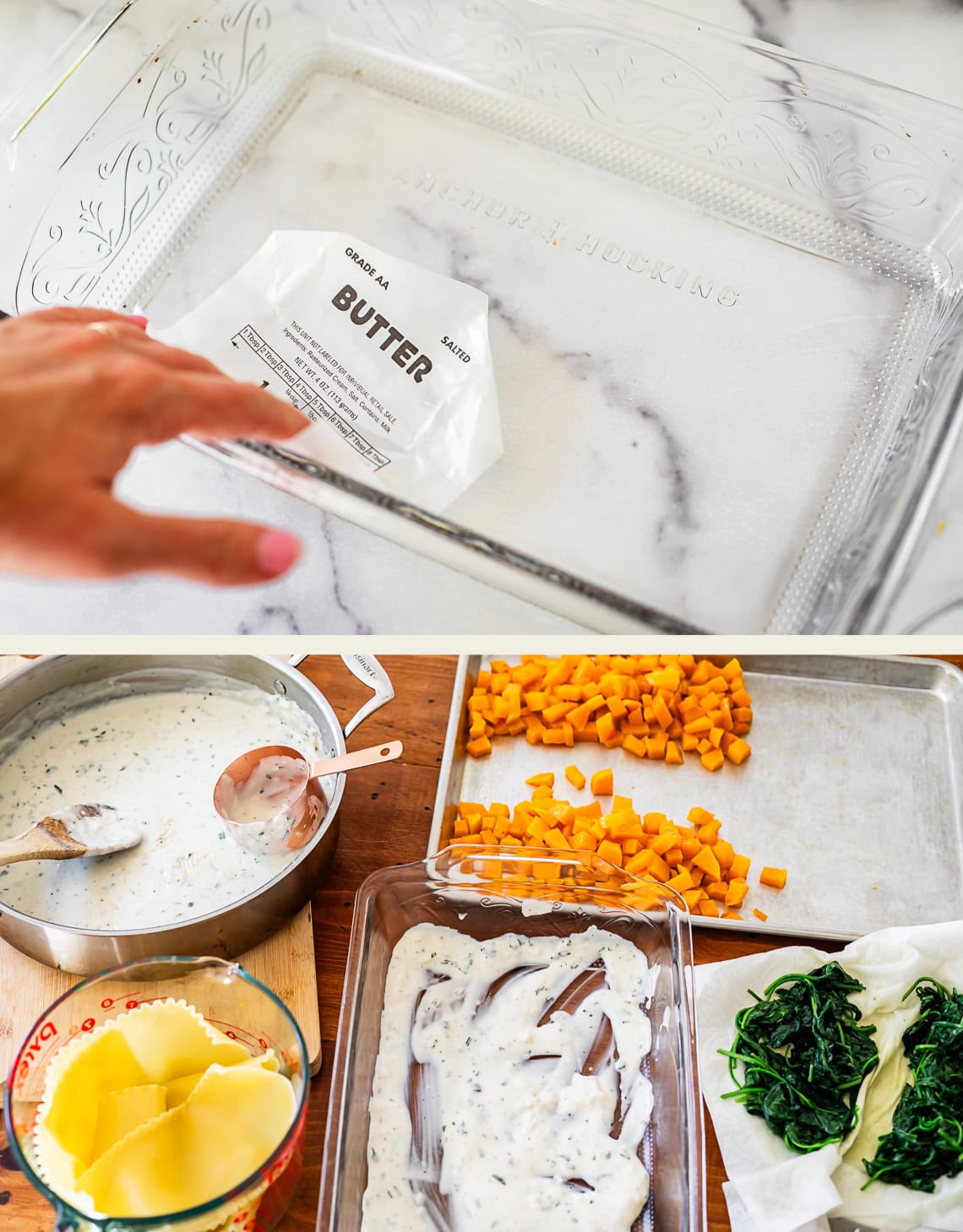 Top: A hand uses a butter wrapper to grease a clear glass baking dish. Bottom: A casserole dish with white sauce, a pot of sauce with a spoon, chopped butternut squash, spinach, and uncooked lasagna noodles on a table.