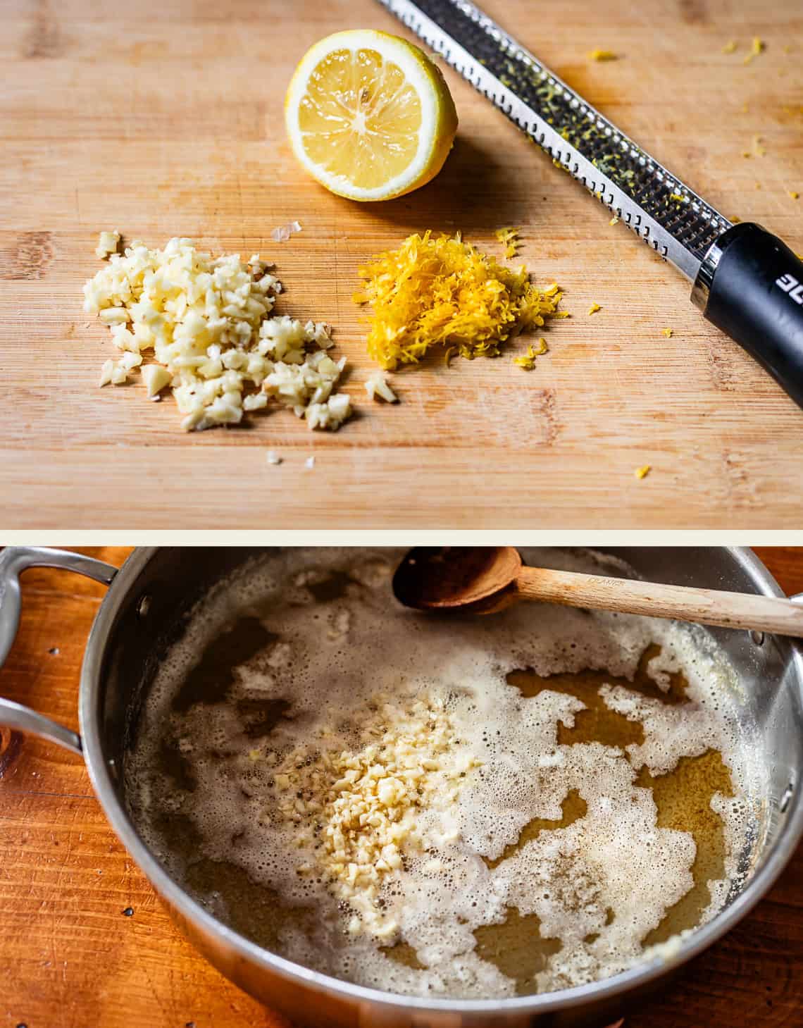 Chopped garlic, lemon zest, and half a lemon on a cutting board with a grater; below, garlic is sautéing in a pot of bubbling liquid with a wooden spoon nearby.