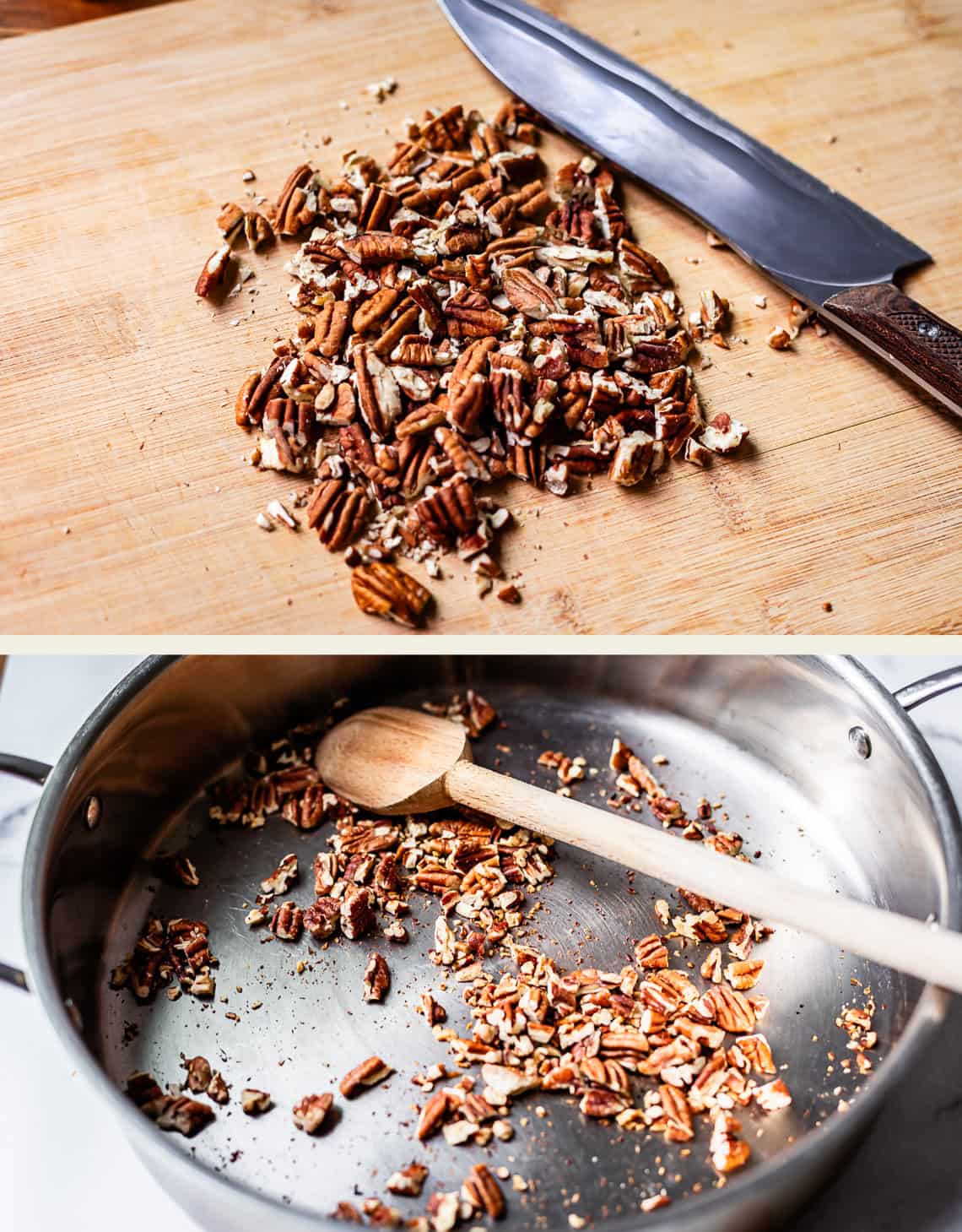 Top: Chopped pecans and a knife on a wooden cutting board. Bottom: Chopped pecans being toasted in a saucepan with a wooden spoon.
