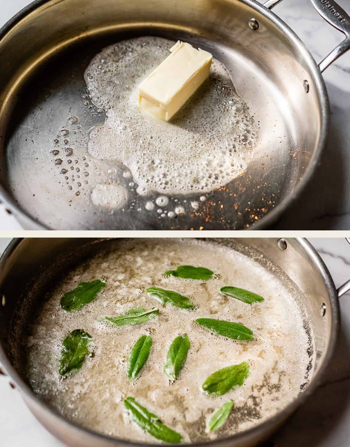 Two photos: the top shows a stick of butter melting in a stainless steel pan; the bottom shows sage leaves simmering in the browned, foamy butter in the same pan.