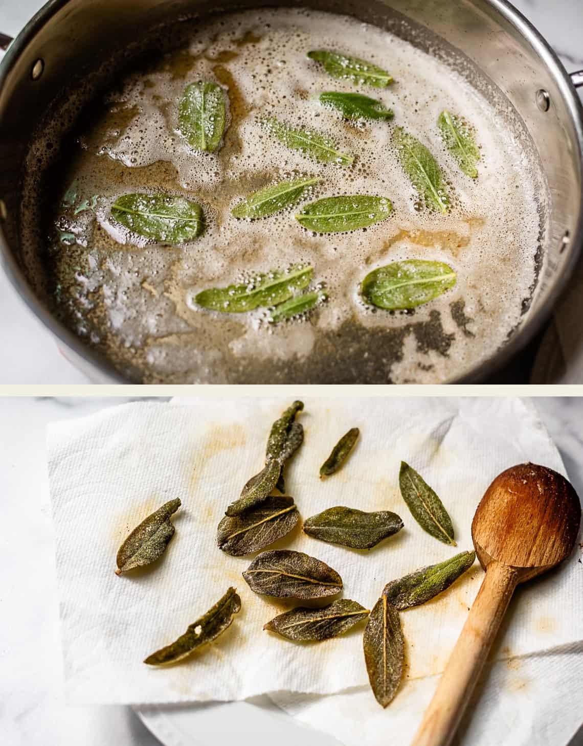 A split image: the top shows fresh sage leaves frying in bubbling brown butter in a pan; the bottom shows crispy fried sage leaves draining on a paper towel next to a wooden spoon.